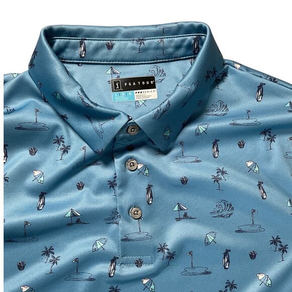 PGA Tour Mens Blue Vacation Print Golf Polo Shirt Short Sleeve Polyester Large - Picture 6 of 9